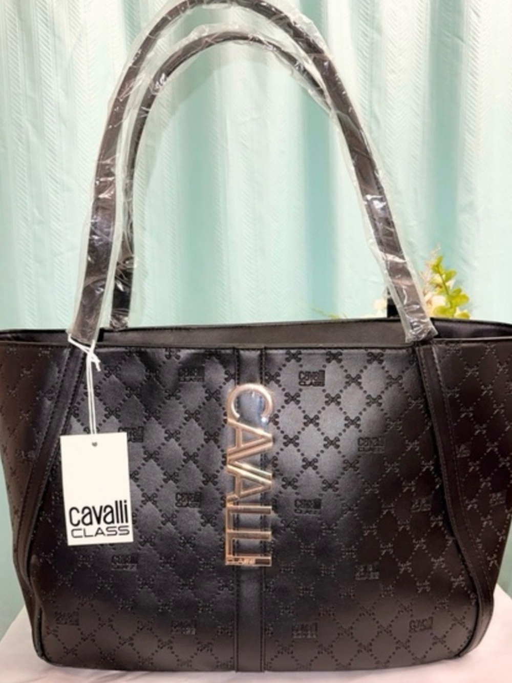 NWT Cavalli Elegant Black Tote with Gold Logo